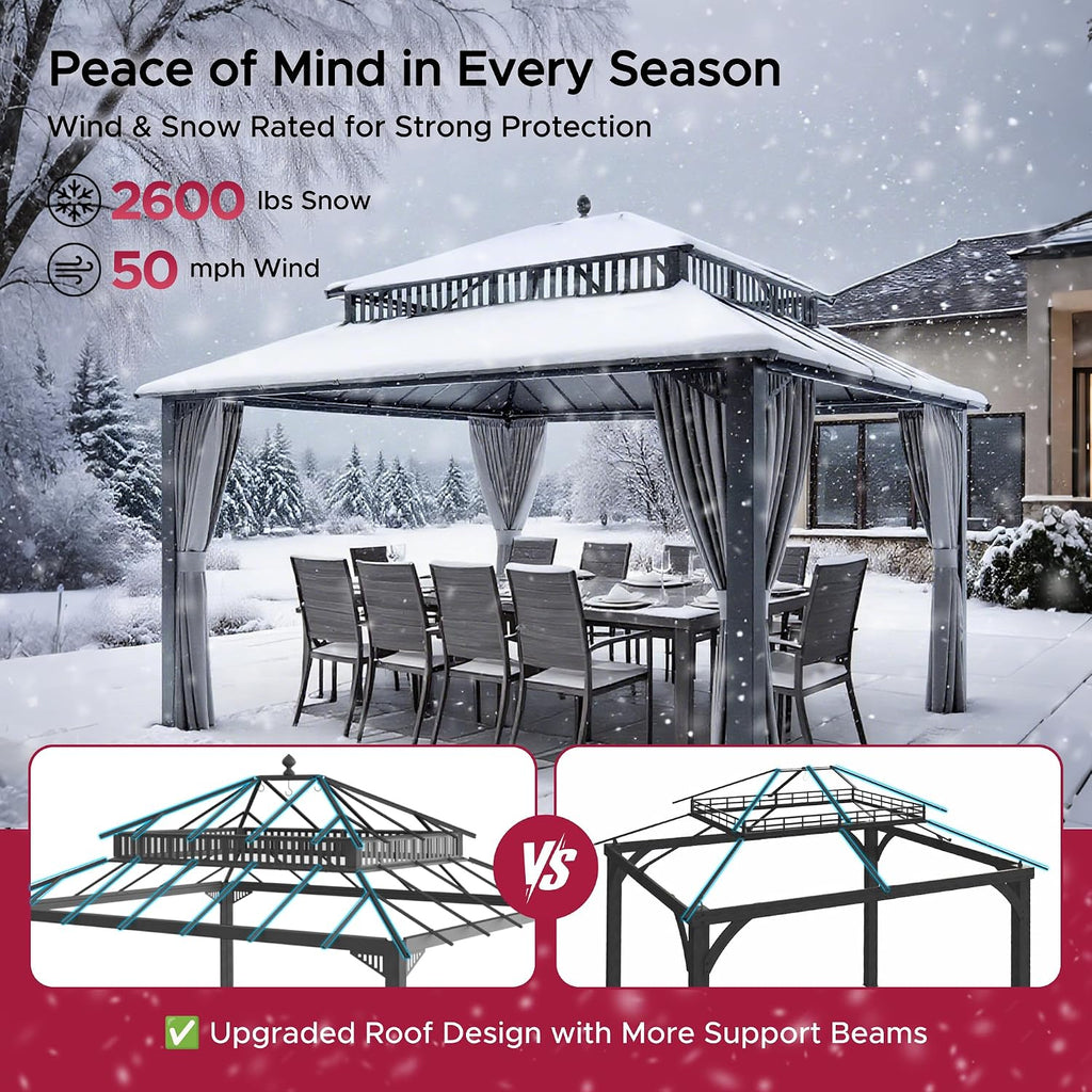 SUNJOY Kingston 14' x 12' Hardtop Gazebo with Galvanized Steel/Polycarbonate Double Roof, Curtain and Netting, Gray Aluminum Posts Permanent Pavilion Gazebo for Garden, Patio, Deck, Lawn