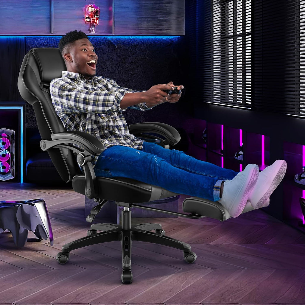 COSTWAY Gaming Chair, Ergonomic Adjustable Racing Video Game Chair w/Retractable Footrest, Padded Headrest & Lumbar Support, High Back Reclining Home Office Computer Gamer Chair for Adults (Grey)