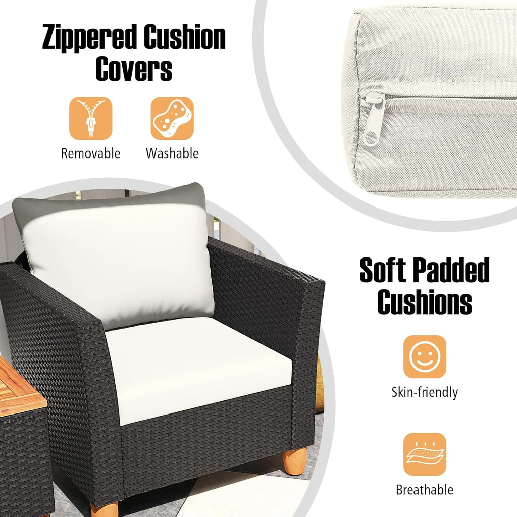 Tangkula 3 Pieces Patio Porch Furniture Set, PE Rattan Wicker Chair Conversation Set with Cushions and Storage Table, Outdoor Acacia Wood Bistro Set for Garden, Poolside (White)