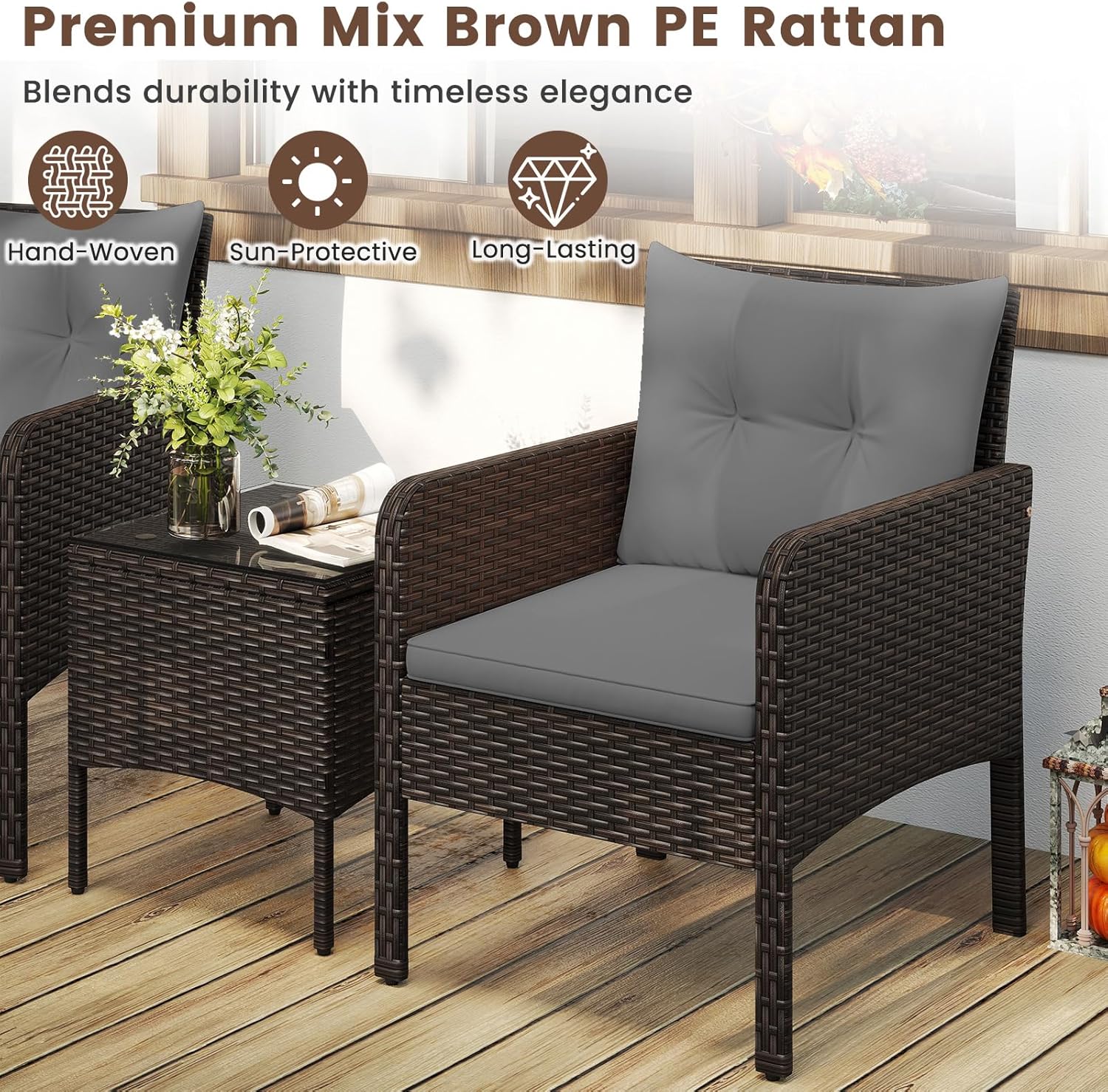 HAPPYGRILL 3 Piece Patio Bistro Set Rattan Wicker Outdoor Conversation Set with Cushions and Coffee Table, Outside Furniture with Rattan Chairs for Porch, Balcony, Deck and Garden (Gray)