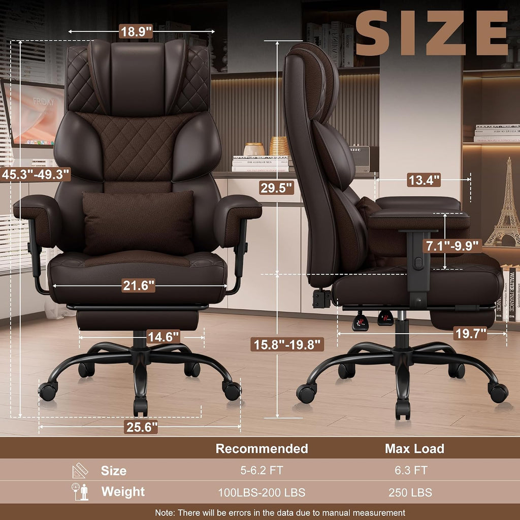 Vonesse Big and Tall Office Chair, Desk Chair with Soft Adjustable Armrests, Ergonomic High Back Gaming Chair with Lumbar Support, Executive Computer Chairs with Footrest (PU Leather, Brown)