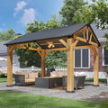 Aoxun 12' x 10' Outdoor Wood Gazebo, Hardtop Gazebo Permanent Wooden Pavilion with Gable Galvanized Steel Roof, for Patio, Garden, Backyard(Nature)