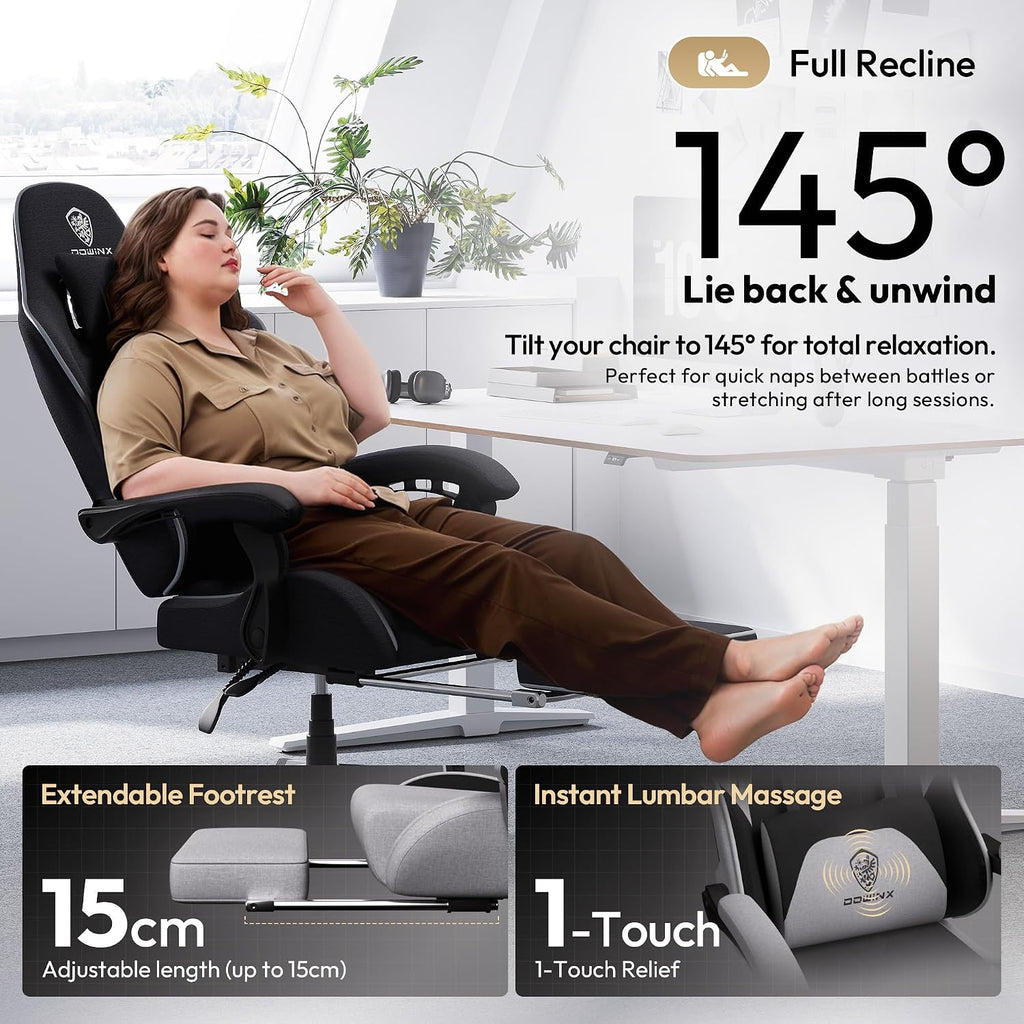 Dowinx Big and Tall Gaming Chair Fabric with Footrest Pocket Spring Cushion for Home Office, High Back Recliner Height Adjustable Ergonomic Comfy Cloth Computer Desk Chair, Black Grey