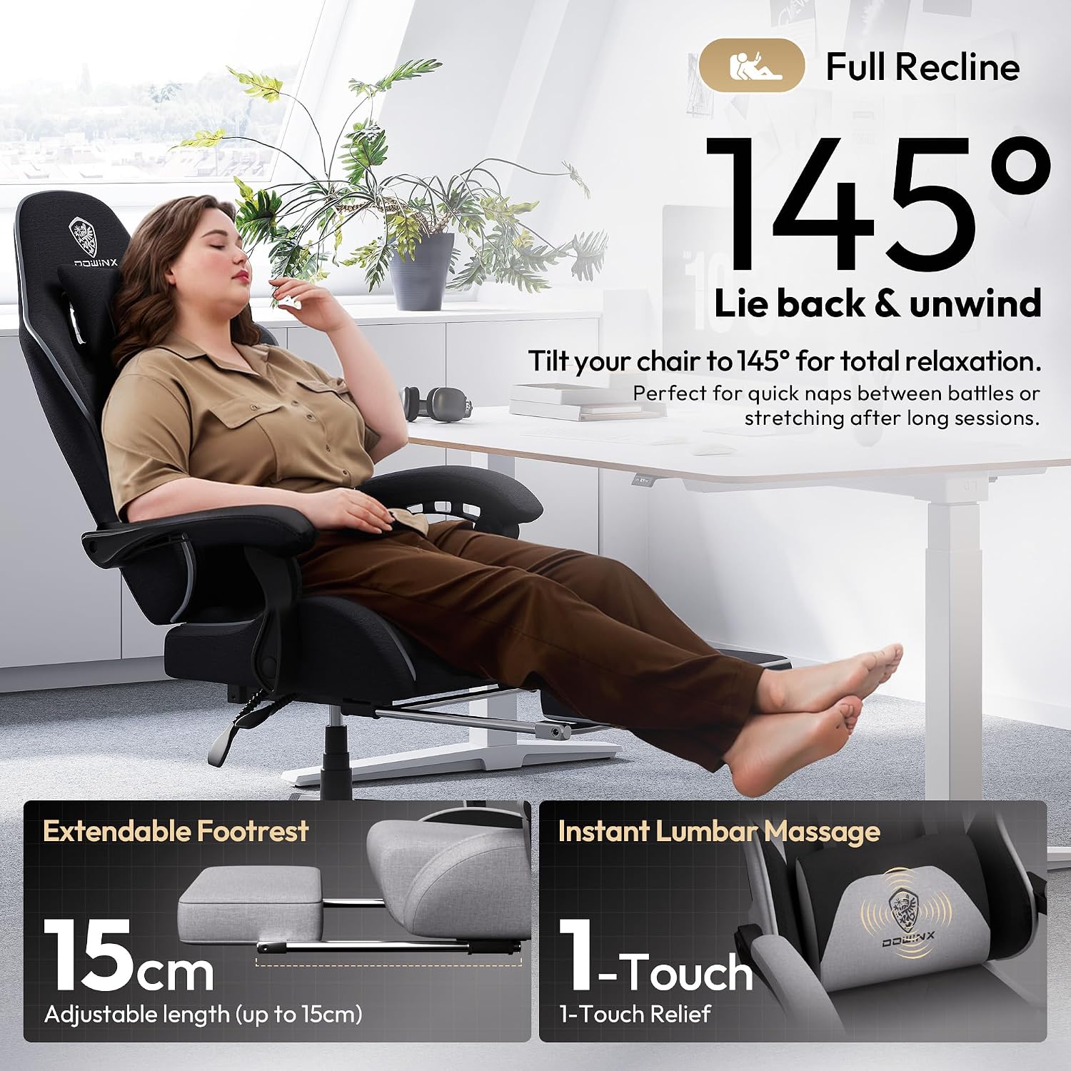 Dowinx Big and Tall Gaming Chair Fabric with Footrest Pocket Spring Cushion for Home Office, High Back Recliner Height Adjustable Ergonomic Comfy Cloth Computer Desk Chair, Black Grey