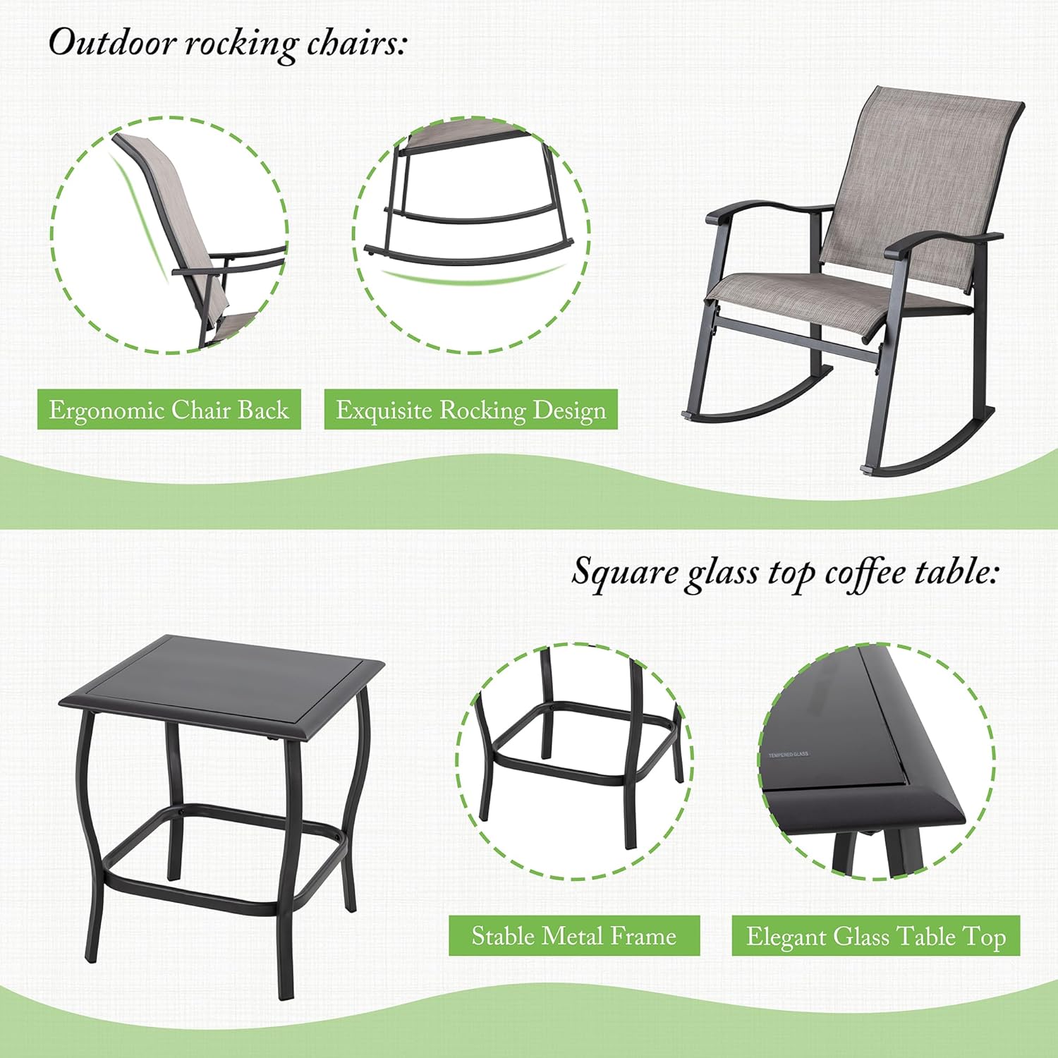 Shintenchi 3 Piece Rocking Bistro Set, Outdoor Furniture with Rocker Chairs and Glass Coffee Table Balcony, Porch Furniture for Small Space, Gray