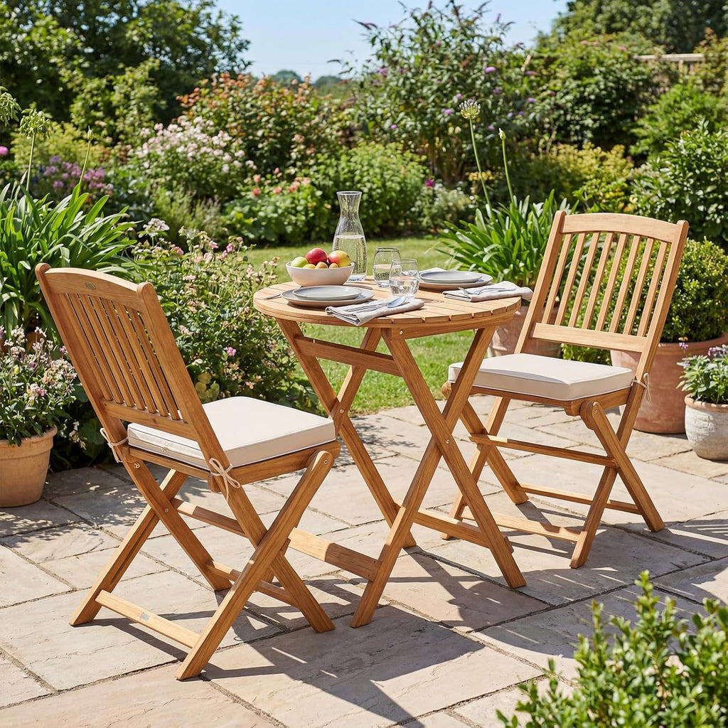 Giantex 3Pcs Patio Bistro Set, Wood Folding Table Set, 2 Cushioned Chairs for Garden Yard, Outdoor Furniture Round Table (Natural & Beige)