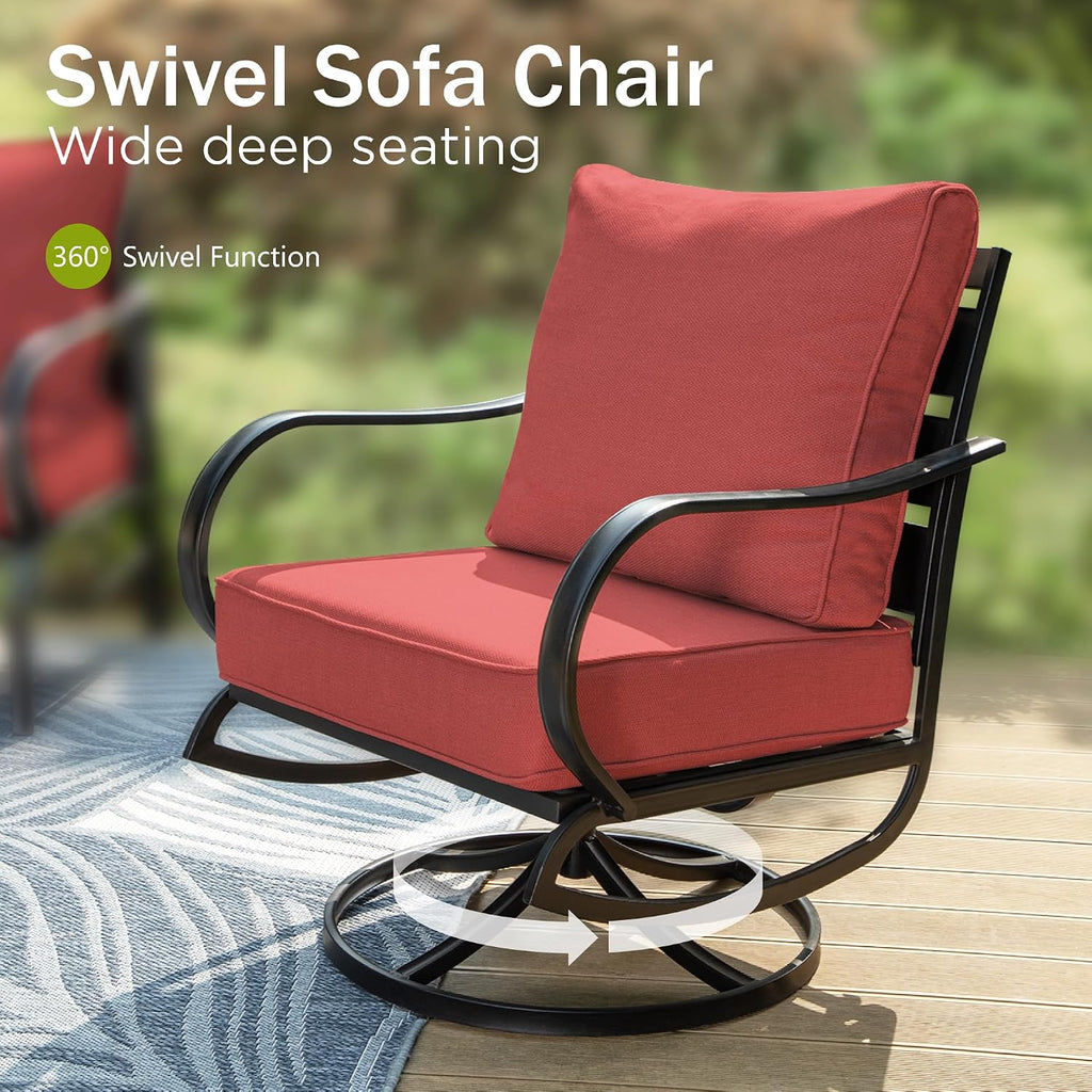 PHI VILLA 5 Piece Metal Patio Furniture Set with 5.75' Cushion, Modern Outdoor Furniture Set with 3 Seater Patio Sofa, 2 Swivel Chairs & 2 Ottoman, Deep Seat Patio Conversation Sets for Garden, Red