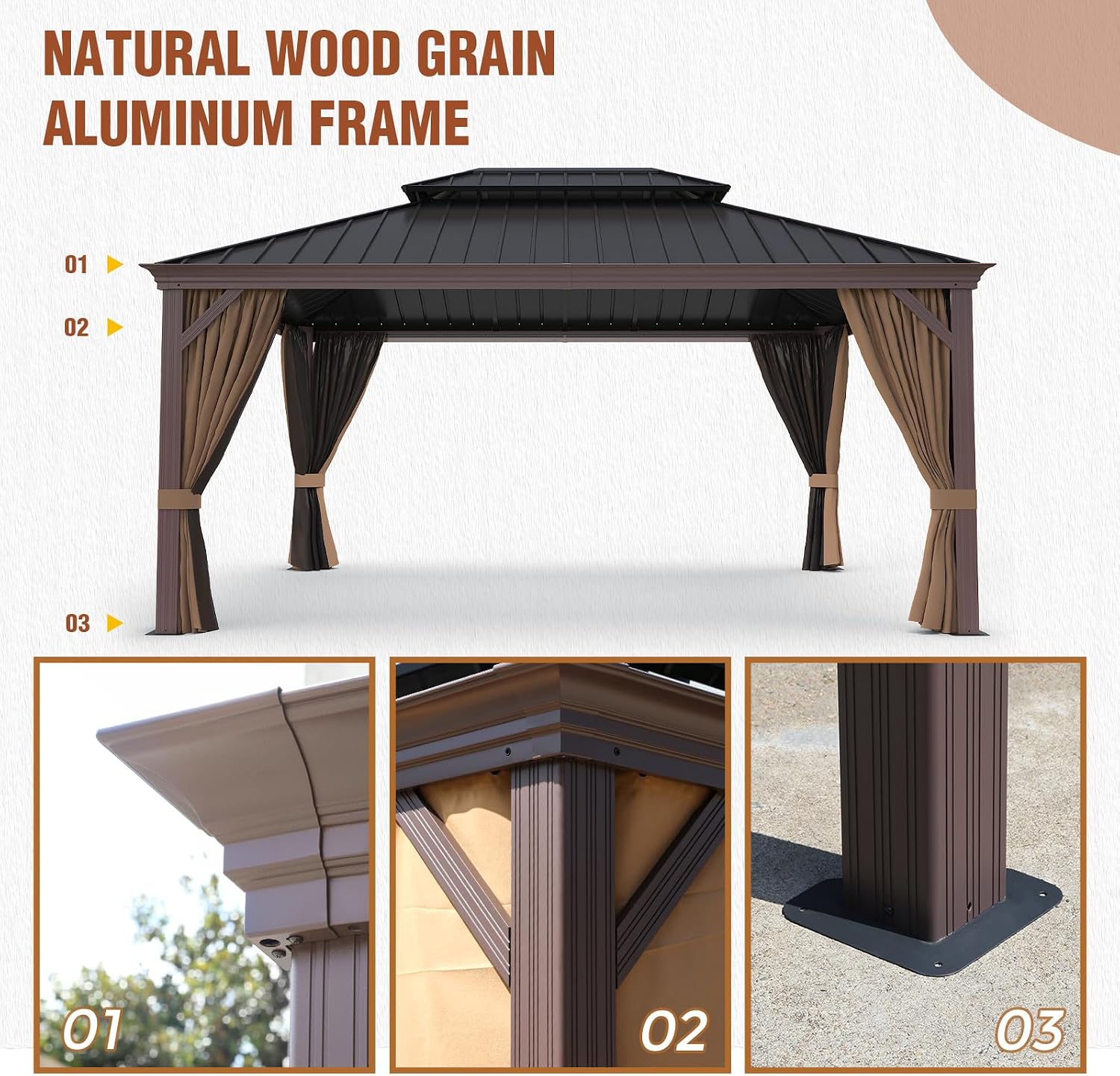 EAGLE PEAK 12x16 Hardtop Gazebo, Galvanized Steel Double Roof with Aluminum Frame, Outdoor Pavilion with Netting and Curtains for Patio, Deck, Lawn and Garden, Brown/Black