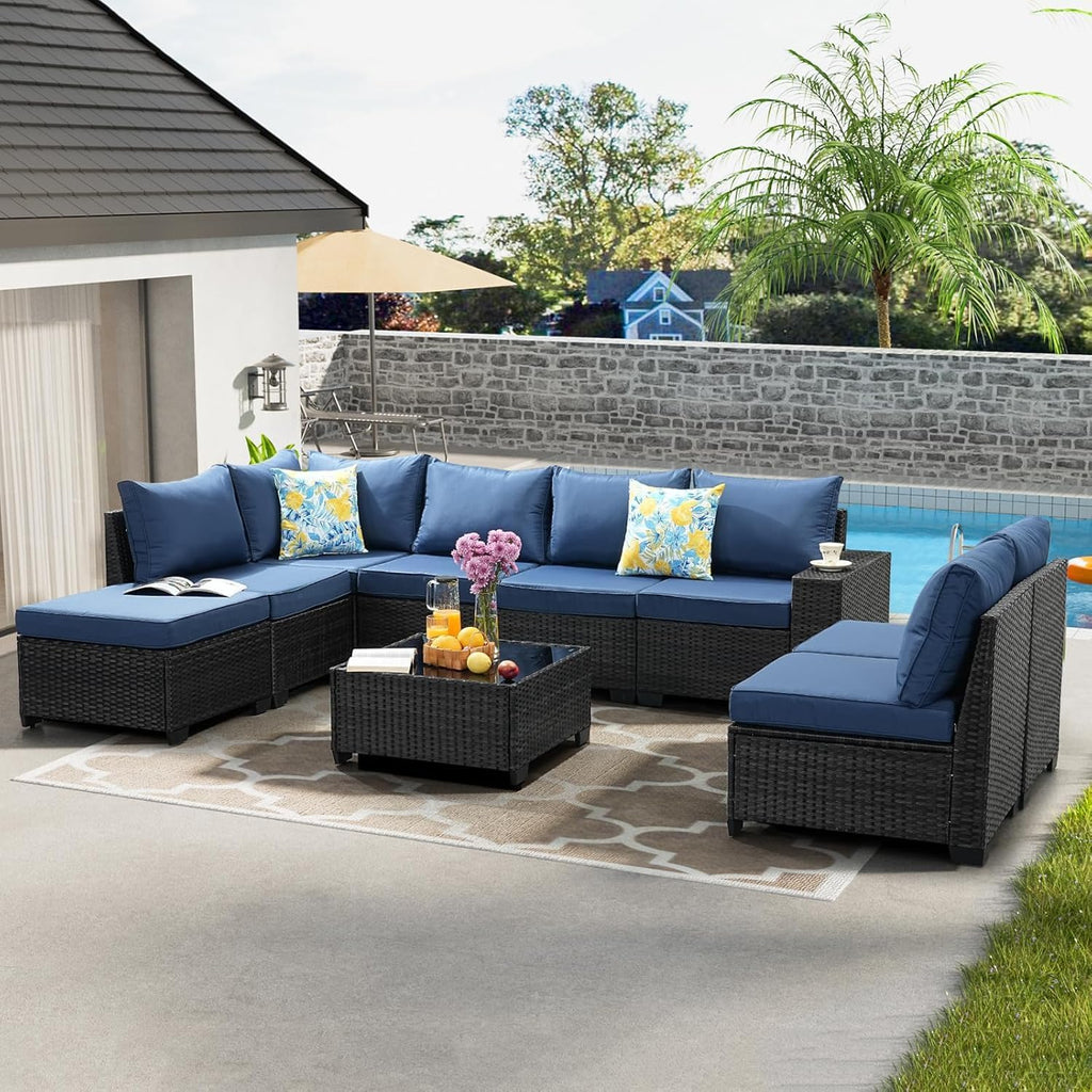 Jing's Villa 9-Piece Patio Furniture Set, All-Weather Outdoor Wicker Sectional Sofa with Cushions, Tempered Glass Table & Ottoman, Rattan Conversation Seating for Porch, Garden, Backyard,Navy