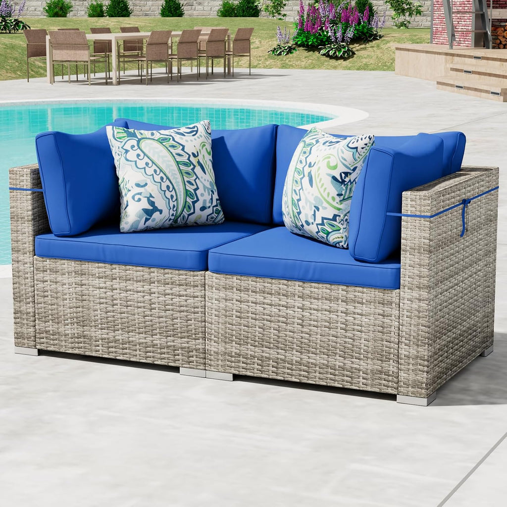 Tradare 2 Piece Patio Furniture Set, Outdoor Wicker Patio Sofa Set, PE Rattan Sectional Couch and Blue Cushions, All-Weather 2 Piece Outdoor Patio Furniture Sets, Grey