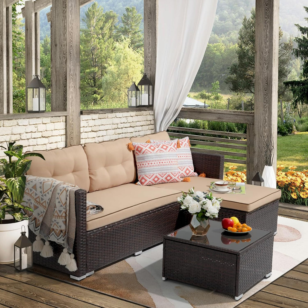 JOIVI Outdoor Patio Furniture Set, Wicker Patio Conversation Set with Tempered Glass Coffee Table, All-Weather Rattan Furniture Small Sectional Sofa Set, L-Shaped Outdoor Seating with Cushions, Brown
