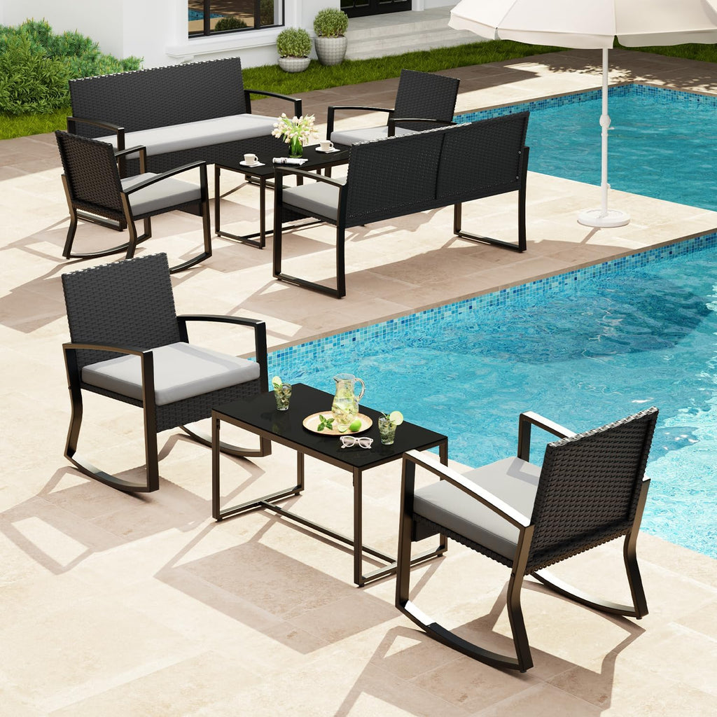 Ahomly 8 Piece Outdoor Patio Furniture Set, Outdoor Wicker Patio Furniture with Glass Coffee Table, Modern Rattan Rocking Chairs Conversation Set, for Porch, Garden, Lawn,Grey Cushion