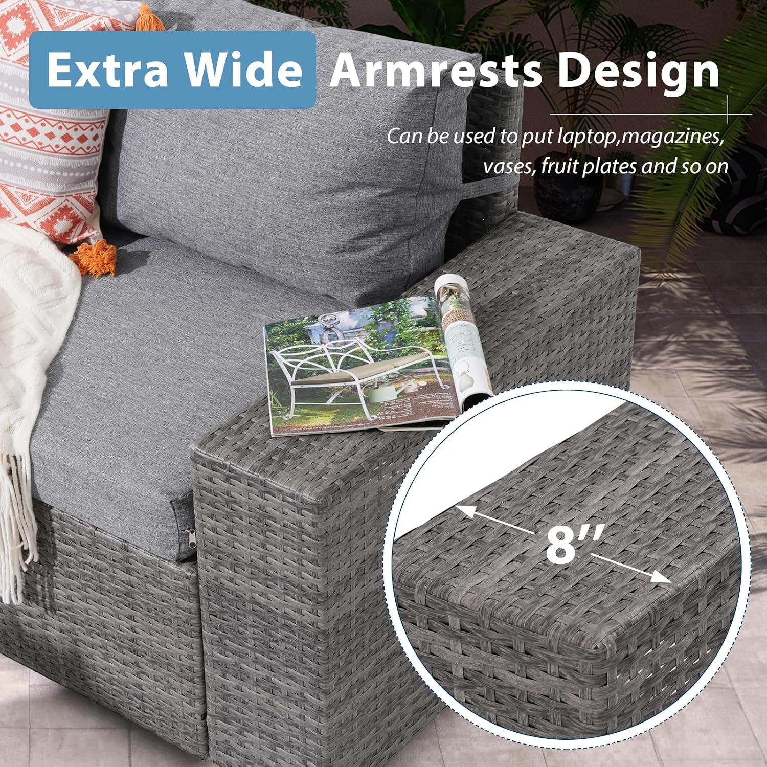 JOIVI 6 Pieces Outdoor Patio Furniture Set, Rattan Patio Conversation Set with Coffee Table, L-Shaped Wicker Outdoor Sectional Sofa Set with Wide Armrest and Cushions for Garden, Deck, Porch, Gray