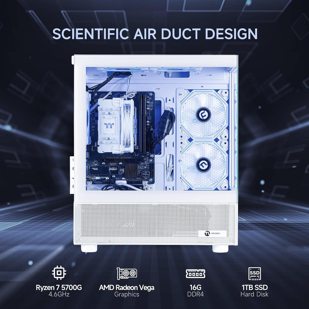 NINGMEI Soul Gaming PC Desktop,AMD Ryzen 7 5700G 8 core 3.8GHz(up to 4.6GHz),AMD Radeon Vega Graphics,16GB DDR4 RAM 3200MHz,1TB NVME SSD,550W PSU, Windows 11 Home 64-bit.