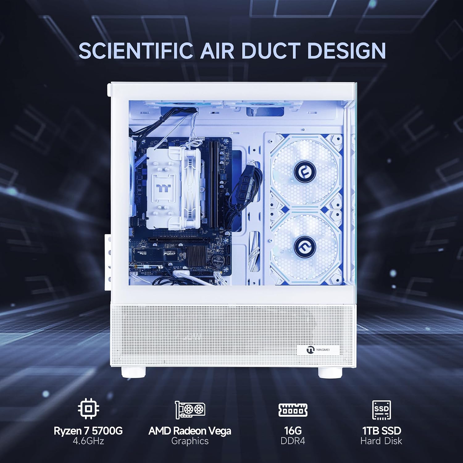 NINGMEI Soul Gaming PC Desktop,AMD Ryzen 7 5700G 8 core 3.8GHz(up to 4.6GHz),AMD Radeon Vega Graphics,16GB DDR4 RAM 3200MHz,1TB NVME SSD,550W PSU, Windows 11 Home 64-bit.
