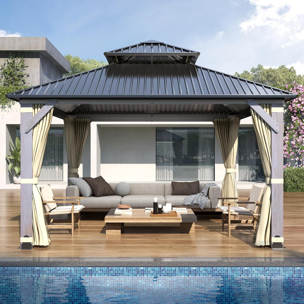 COVERONICS 12'x12' Outdoor Wood Gazebo - Hardtop Wooden Gazebo with Galvanized Steel Roof, Heavy-Duty Pavilion with Netting & Curtains for Garden, Poolside, Deck, Backyard