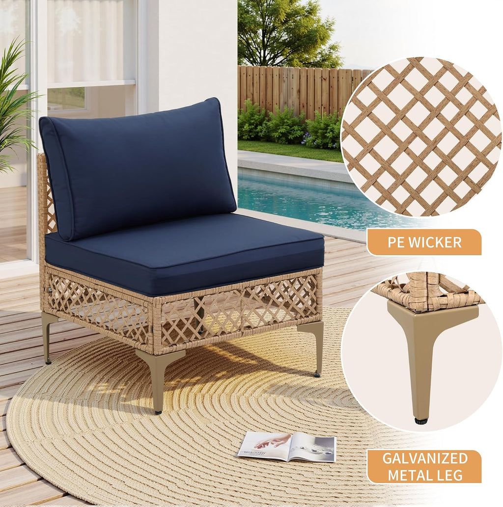 FHFO 7 Piece Patio Furniture Set, Outdoor Wicker Modular Sectional Patio Conversation Set with Thicker Cushion & Tempered Glass Coffee Table for Backyard, Poolside, Porch (Yellow/Blue)
