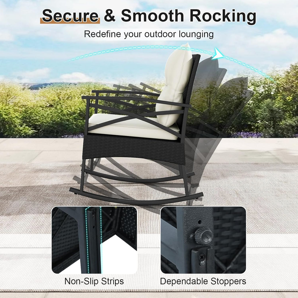 Tangkula 3 Pieces Outdoor Rocking Chairs Set, Rattan Heavy Duty Cushioned Rocker Chairs with 2-Tier Tempered Glass Coffee Table, for Garden, Balcony, Backyard (Black+Beige)