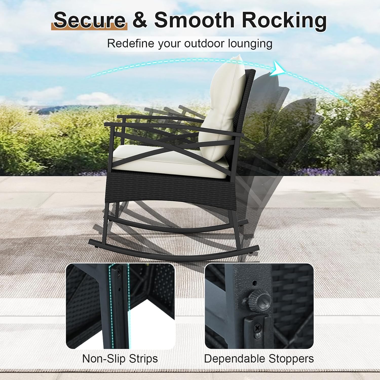 Tangkula 3 Pieces Outdoor Rocking Chairs Set, Rattan Heavy Duty Cushioned Rocker Chairs with 2-Tier Tempered Glass Coffee Table, for Garden, Balcony, Backyard (Black+Beige)