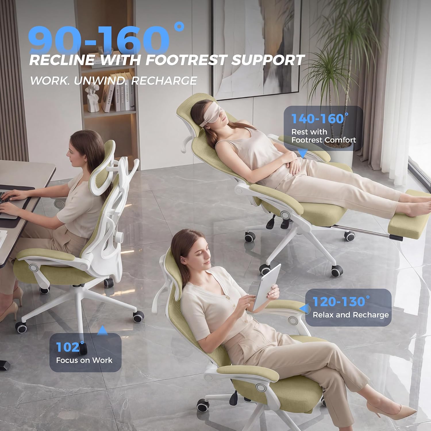Ergonomic Office Chair with Footrest - Adjustable Lumbar Support & Headrest, 90-160° Reclining Mesh Back Computer Chair - Home Office/Gaming, 350lbs Capacity