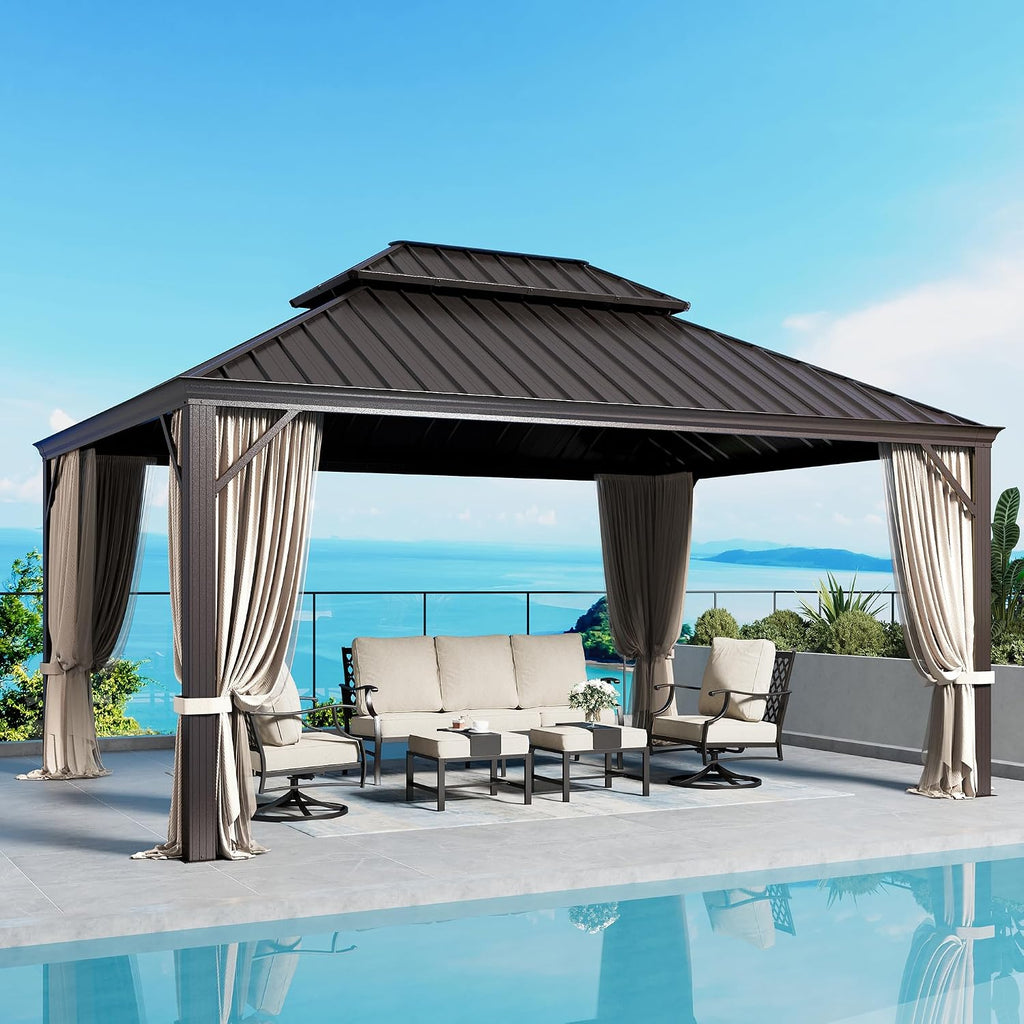 SUNSHINE VALLEY 12'x16' Hardtop Gazebo, Permanent Aluminum Outdoor Gazebo with Galvanized Steel Double Roof & Gutter System, Heavy Duty Patio Pavilion Canopy with Netting and Curtains for Deck, Garden