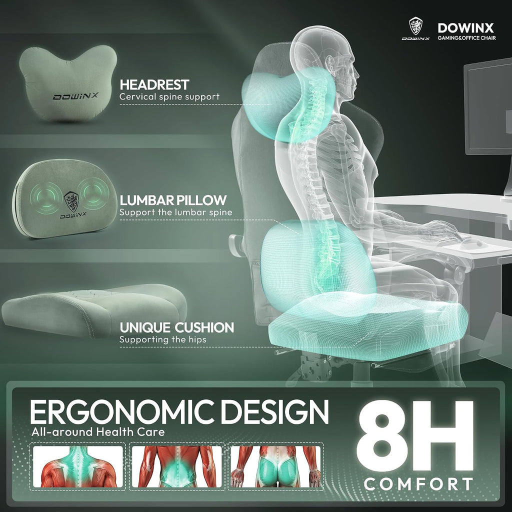 Dowinx Fabric Gaming Chair with Heated Massage Lumbar Support, Game Chairs for Adults, Big and Tall Gamer Chair with Pocket Spring Cushion, High Back PC Chairs with Footrest, Green