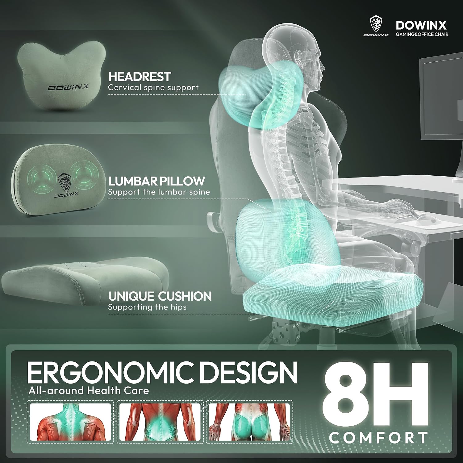Dowinx Fabric Gaming Chair with Heated Massage Lumbar Support, Game Chairs for Adults, Big and Tall Gamer Chair with Pocket Spring Cushion, High Back PC Chairs with Footrest, Green