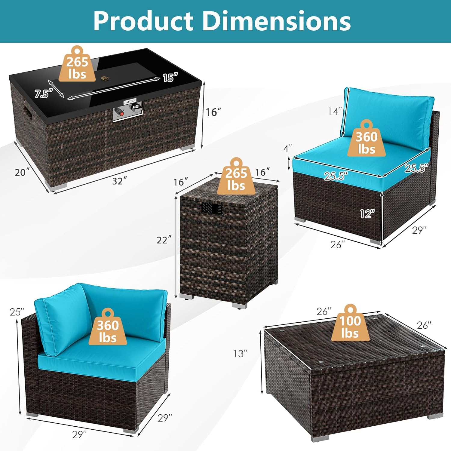 Tangkula 7 Pieces Wicker Patio Furniture Set with 40,000 BTU Gas Fire Pit Table & Propane Tank Cover Table & Glass Top Coffee Table, for Garden, Backyard and Poolside (Turquoise)