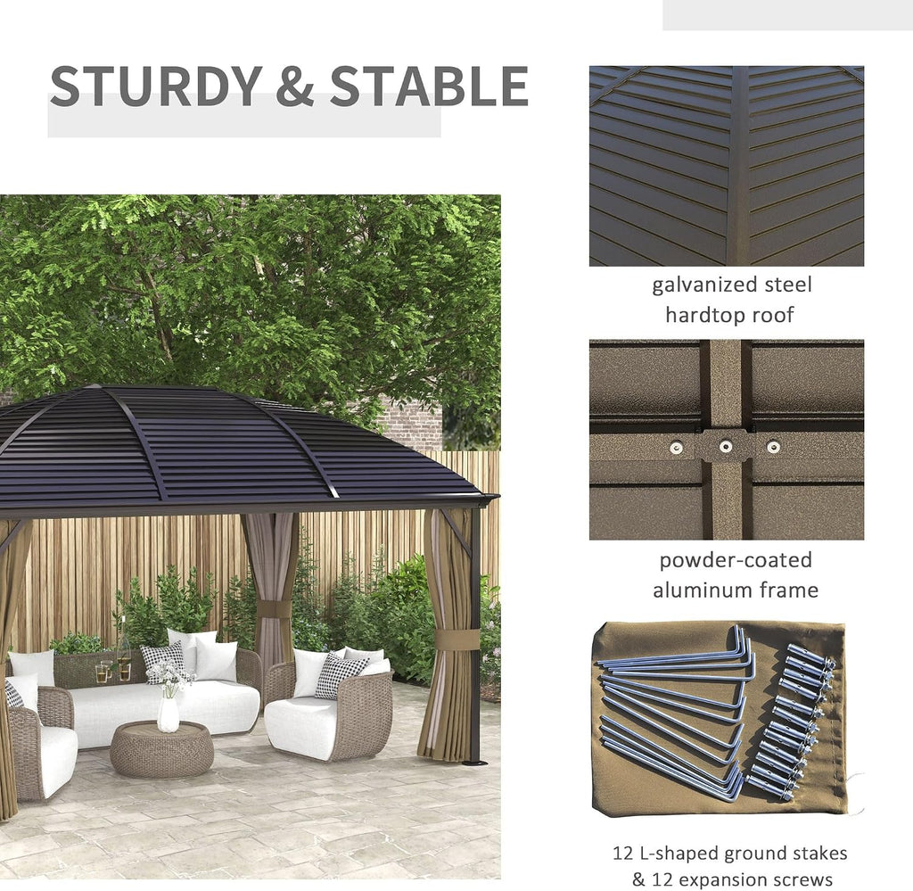Outsunny 10' x 14' Hardtop Gazebo Canopy with Galvanized Steel Roof, Aluminum Outdoor Pavilion Gazebo with Top Hook, Netting, and Curtains for Patio, Garden, Backyard, Deck, Brown
