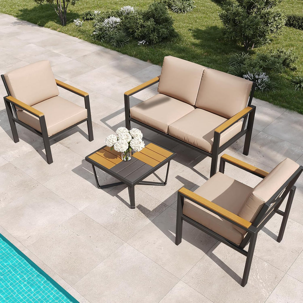 4-Piece Outdoor Patio Furniture Set, Metal Conversation Sofa Set with Deep Cushions & Wood-Like Armrests, Modern Patio Seating with Coffee Table for Garden, Porch, Balcony, Backyard (Brown)