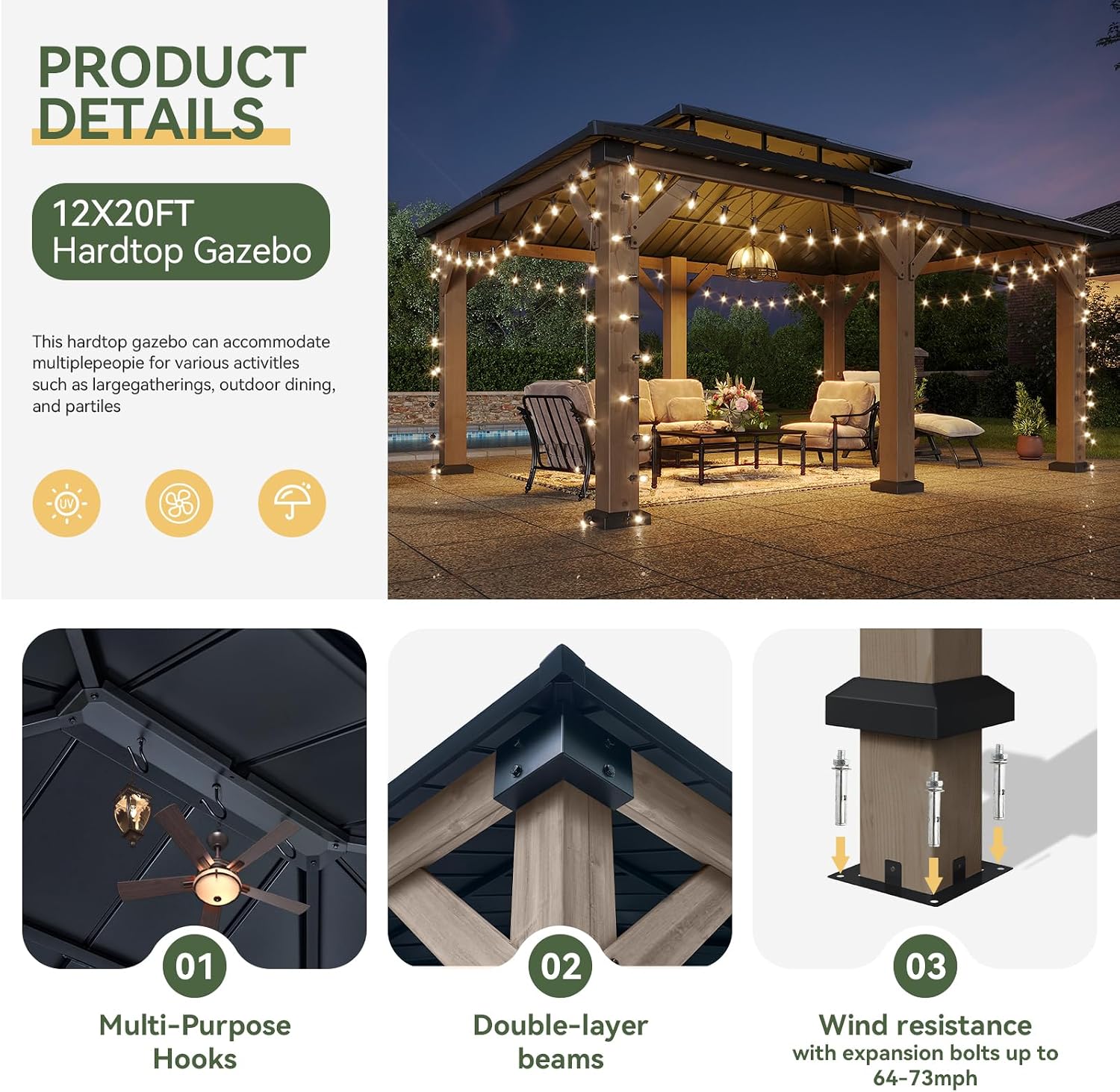 Aoxun 12' x 20' Outdoor Wood Gazebo, Hardtop Gazebo Permanent Wooden Pavilion with Galvanized Steel Double Roof, for Patio, Garden, Backyard, Cedar Wood, Grey