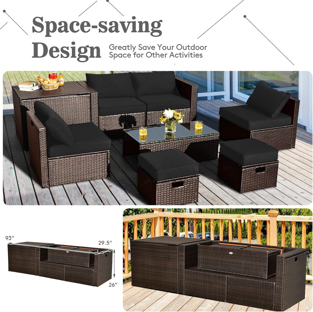 Tangkula 8 Piece Patio Furniture Set, Patiojoy Outdoor Space Saving PE Rattan Sectional Sofa Set for 6 with Waterproof Cover, for Garden, Deck, Poolside and Balcony (Black)