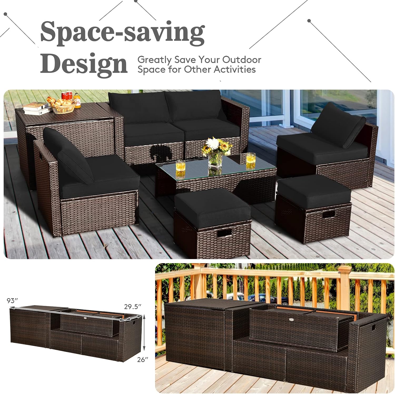 Tangkula 8 Piece Patio Furniture Set, Patiojoy Outdoor Space Saving PE Rattan Sectional Sofa Set for 6 with Waterproof Cover, for Garden, Deck, Poolside and Balcony (Black)