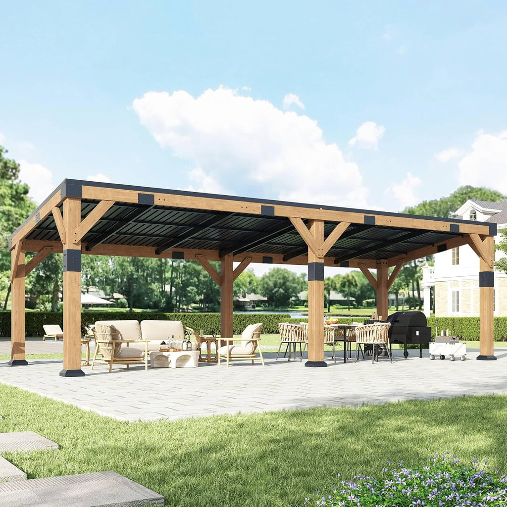 10x22 ft Cedar Wood Gazebo with Hardtop Slope Roof, Large Outdoor Grill Canopy with Galvanized Steel Roof, Heavy Duty Pavilion for Garden, Patio, Backyard