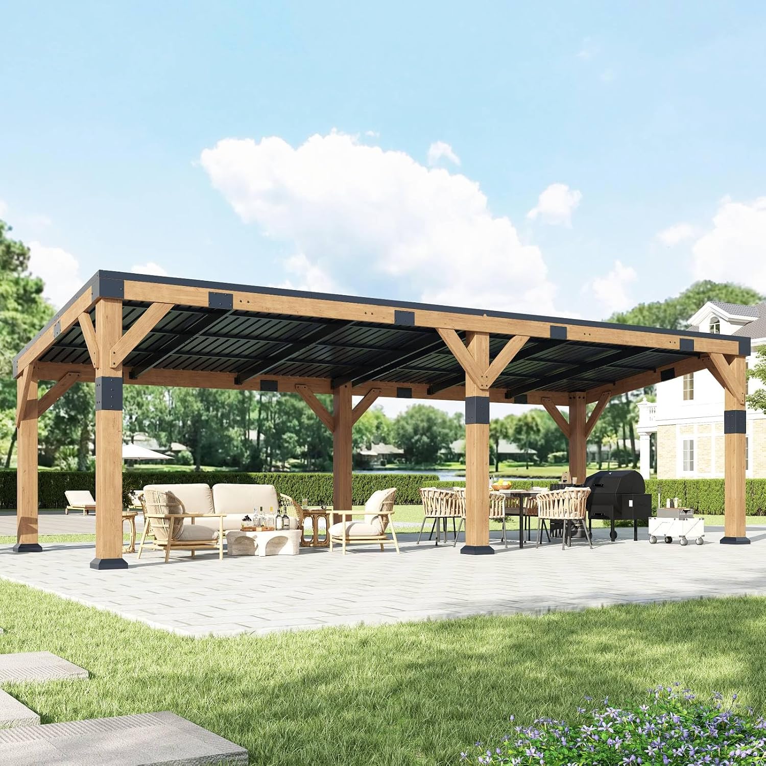 10x22 ft Cedar Wood Gazebo with Hardtop Slope Roof, Large Outdoor Grill Canopy with Galvanized Steel Roof, Heavy Duty Pavilion for Garden, Patio, Backyard