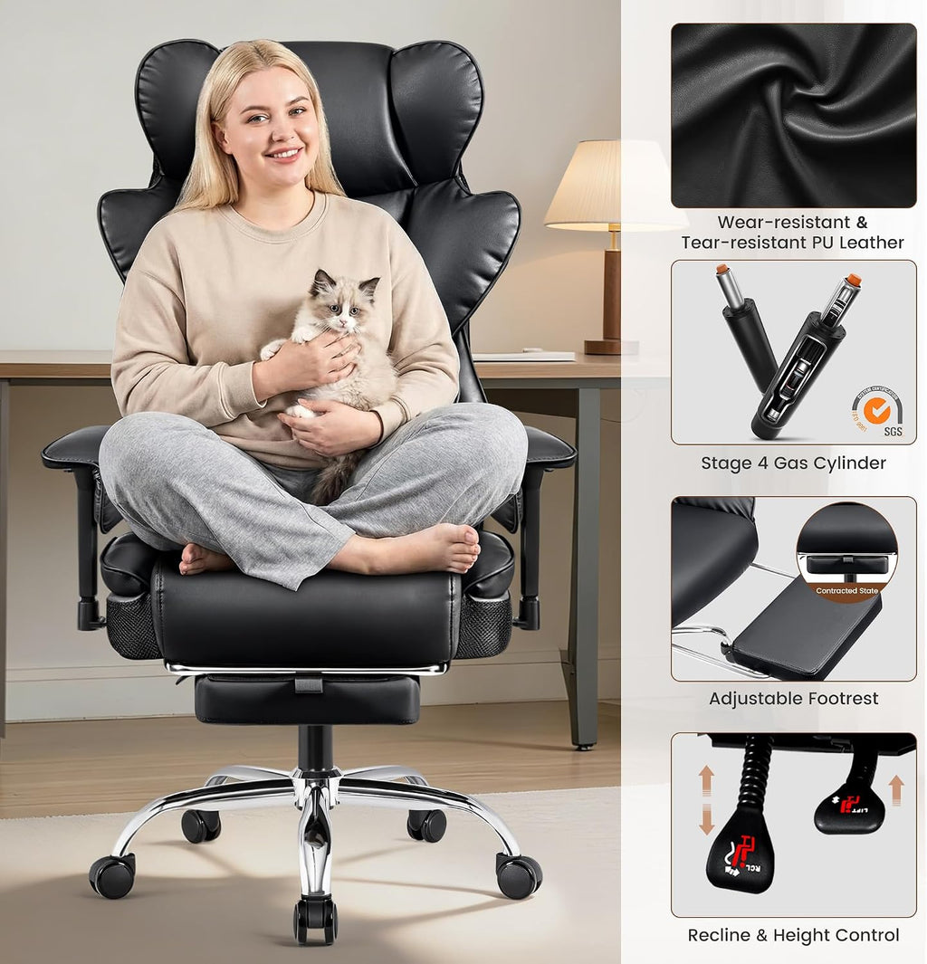BESTFAIR Big and Tall Office Chair - Heavy Duty 400 LBS Executive Chair with Foot Rest, High Back Ergonomic Desk Chair, Padded Wide Seat Gaming Chair, Adjustable Armrests, Black 2 Pack