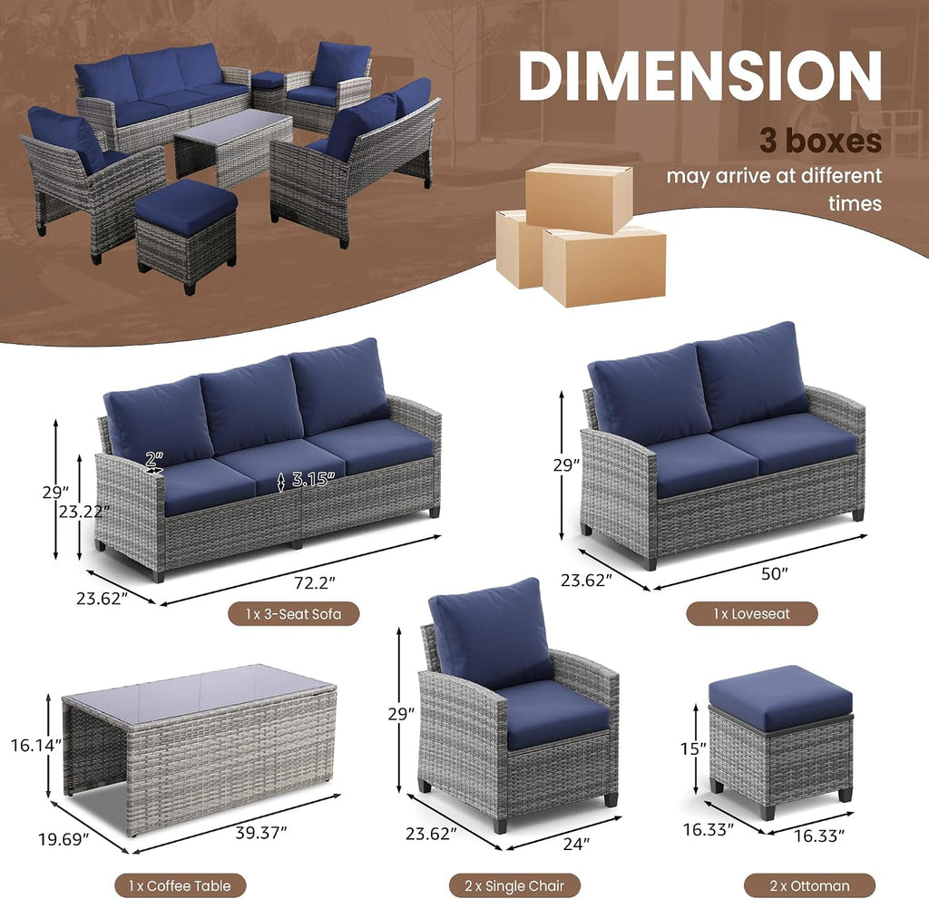 FHFO 7 Piece Patio Furniture Set, Outdoor Sectional Furniture Wicker Conversation Sofa Set, Includes 3-Seater Sofa, Loveseat, Single Sofa, Tempered Glass Coffee Table, Ottoman (Grey/Blue)