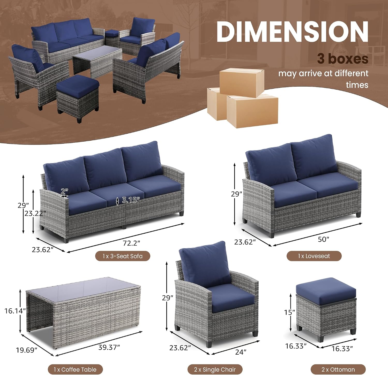 FHFO 7 Piece Patio Furniture Set, Outdoor Sectional Furniture Wicker Conversation Sofa Set, Includes 3-Seater Sofa, Loveseat, Single Sofa, Tempered Glass Coffee Table, Ottoman (Grey/Blue)