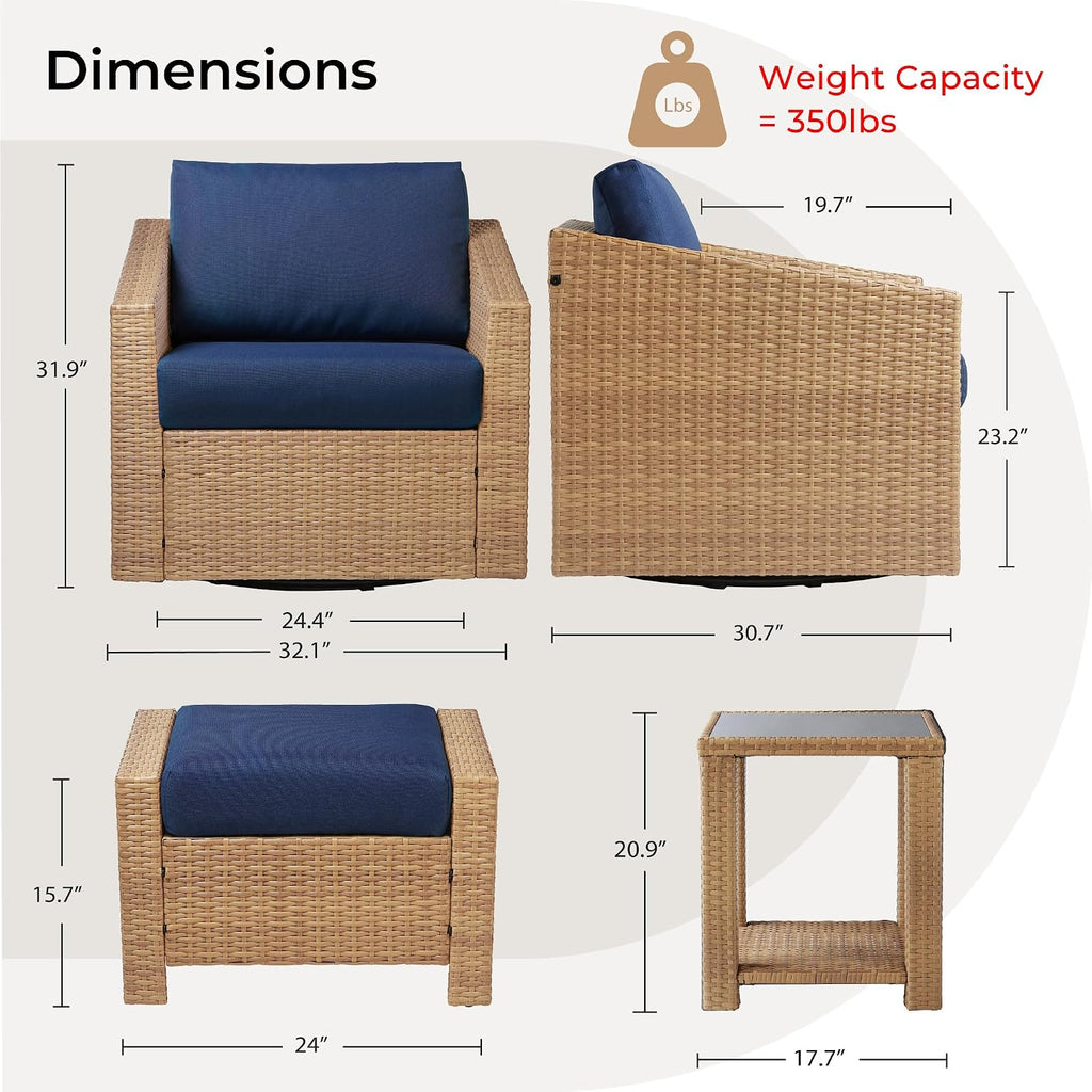 CHITA 5 Pieces Swivel Wicker Patio Furniture Set, Outdoor Conversation Set with 2 Pieces Rattan Swivel Chairs, 2 Pieces Ottomans, Thickened Cushions and Side Table, Blue Cushions with Brown Wicker