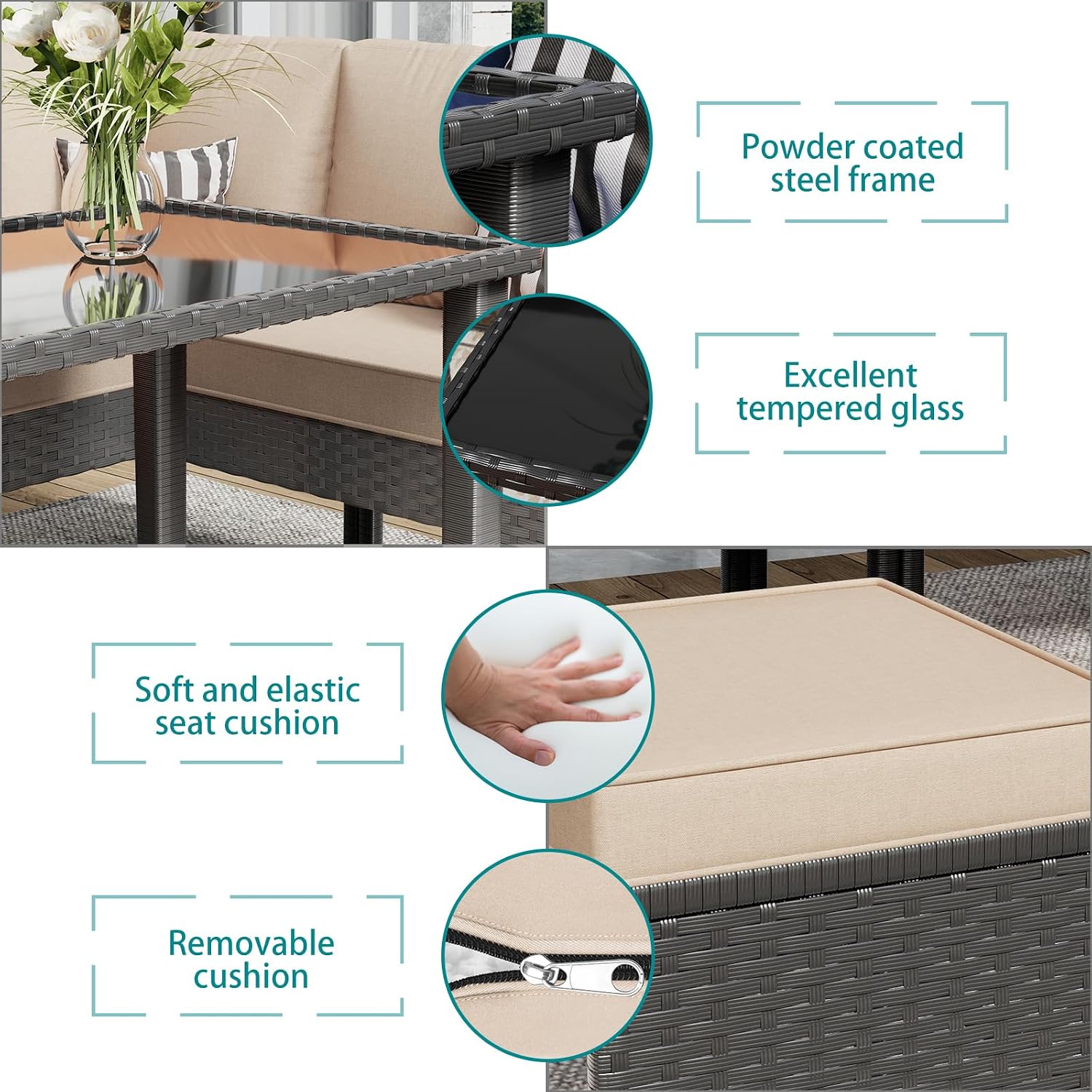 7-Piece Patio Furniture Set with Cushions and Pillows, Outdoor Wicker Sectional Sofa with Long Glass Coffee Table, All-Weather Conversation Set for Garden, Porch, Lawn, Khaki