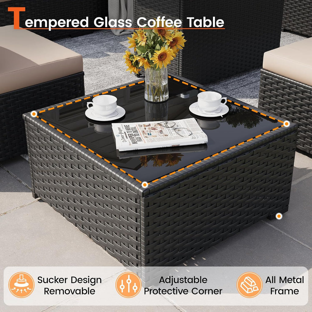 8 Piece Patio Furniture Set with 43' Fire Pit Table, Outdoor Sectional Wicker Rattan Sofa Set with Coffee Table (Beige/Black)