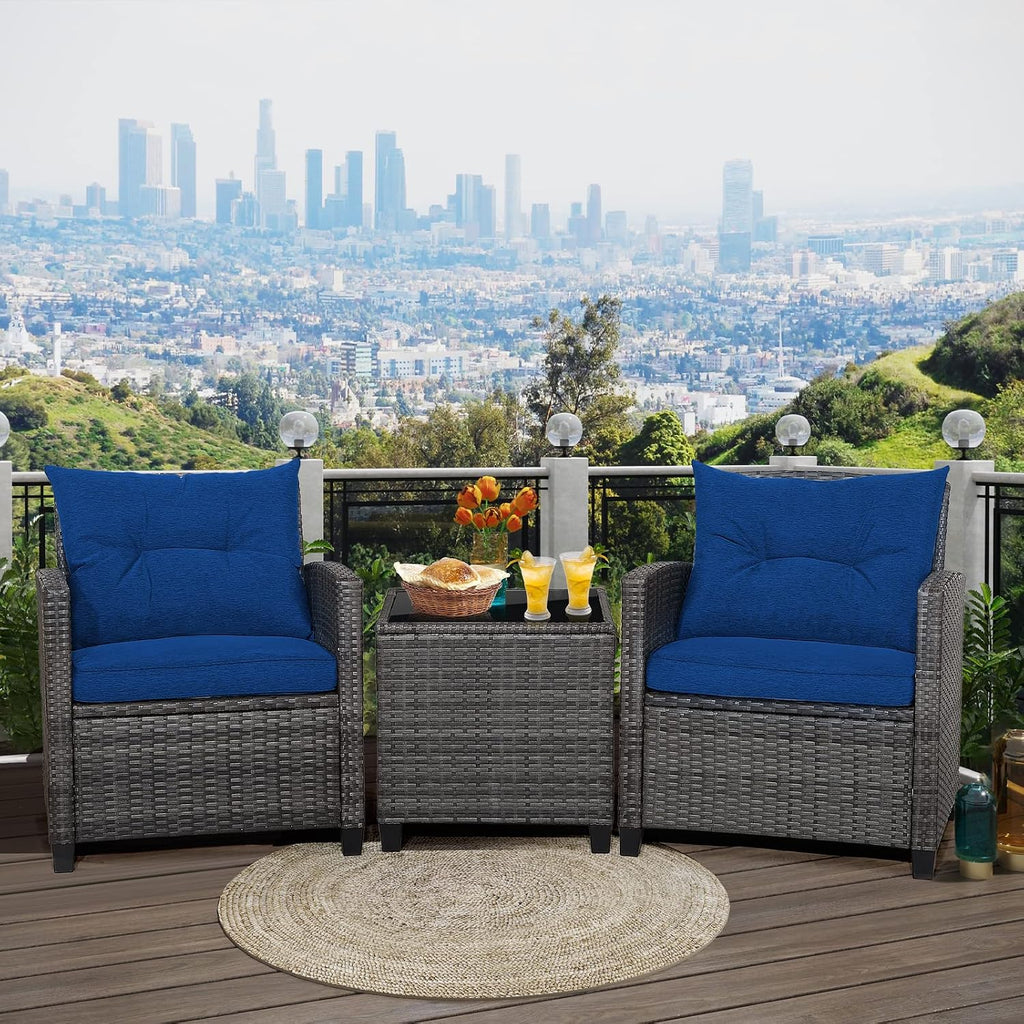 RELAX4LIFE Wicker Patio Furniture Sets - 3 Pieces Patio Rattan Sofa Set, Outdoor Conversation Set with Tempered Glass Tabletop, Heavy-Duty Steel Frame, Wicker Chair Set for Poolside, Backyard, Navy