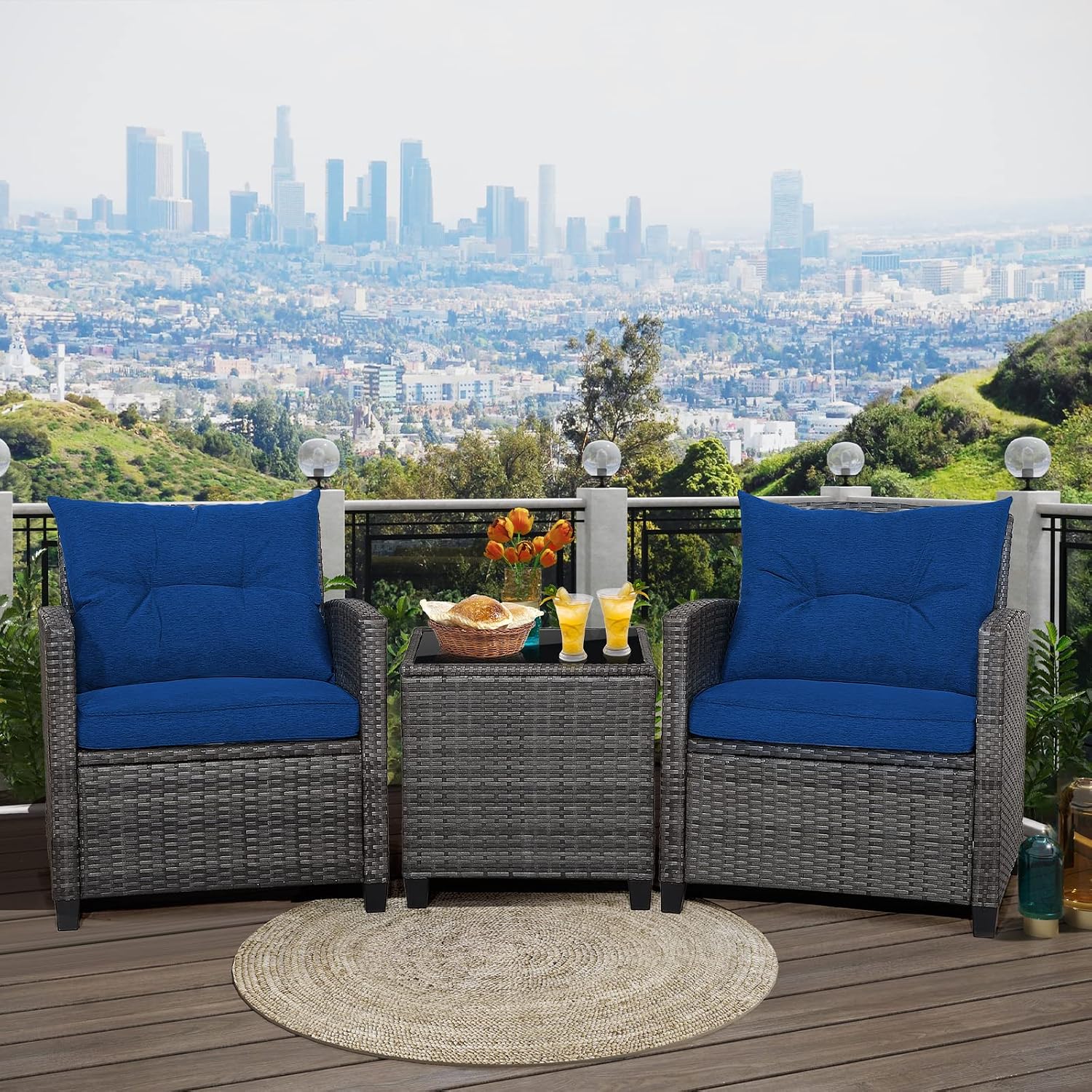 RELAX4LIFE Wicker Patio Furniture Sets - 3 Pieces Patio Rattan Sofa Set, Outdoor Conversation Set with Tempered Glass Tabletop, Heavy-Duty Steel Frame, Wicker Chair Set for Poolside, Backyard, Navy