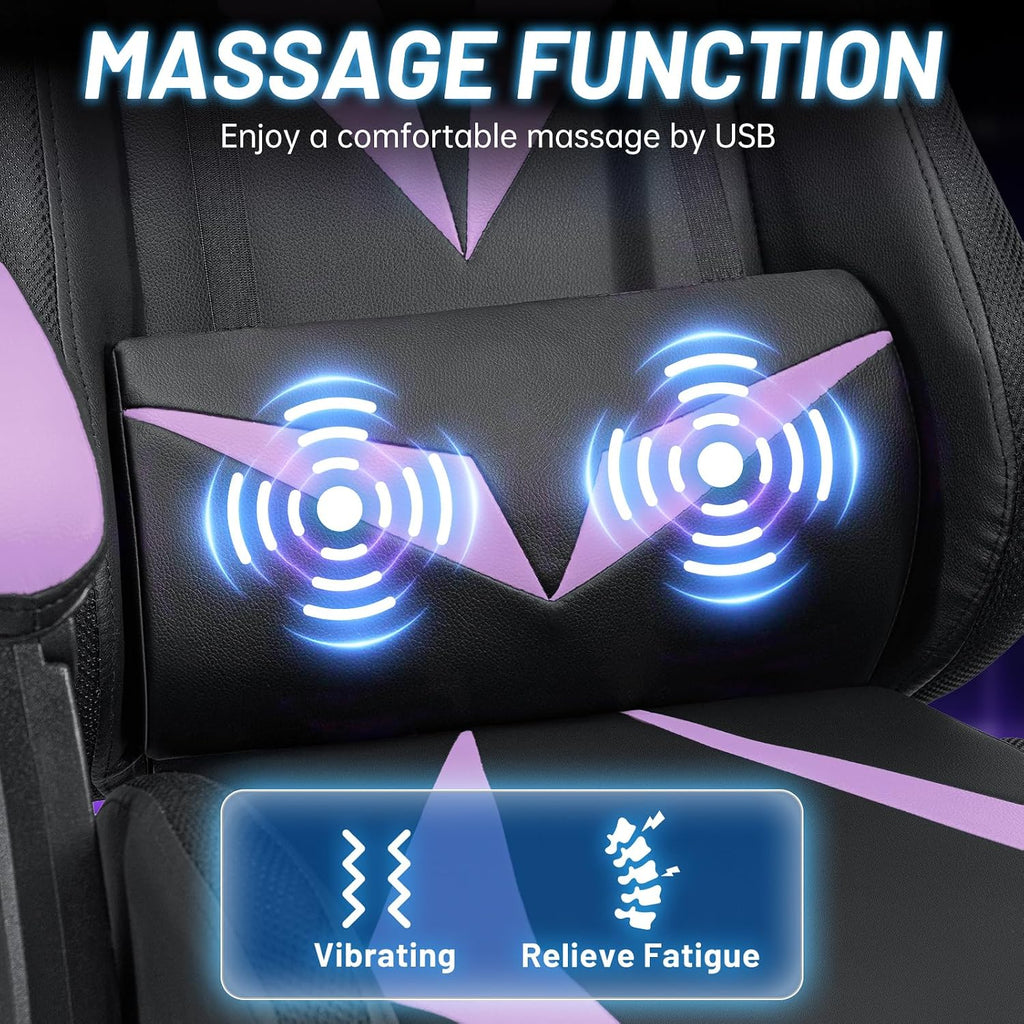 HOFFREE Gaming Chair with LED RGB Lights Massage Ergonomic Video Game Chairs with Footrest High Back Reclining Computer Chair with Adjustable Lumbar Support Purple and Black