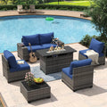 Aoxun 7 Piece Patio Furniture Set with Wide Armrests & 44' Fire Pit Table Wicker Rattan Outdoor Sectional Sofa Set with Coffee Table and Thickened Cushions, Gray/Blue(Waterproof Cover Included)