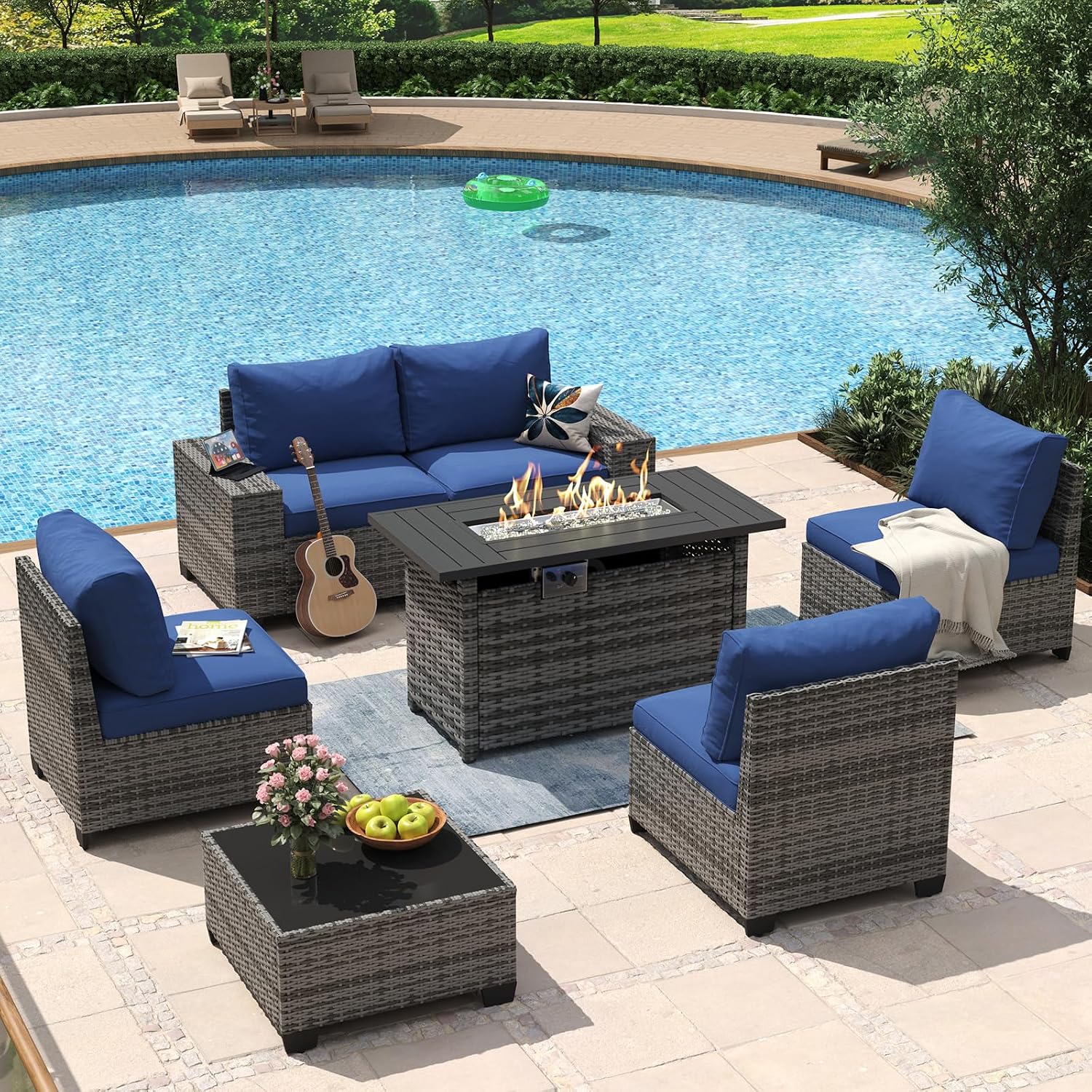 Aoxun 7 Piece Patio Furniture Set with Wide Armrests & 44' Fire Pit Table Wicker Rattan Outdoor Sectional Sofa Set with Coffee Table and Thickened Cushions, Gray/Blue(Waterproof Cover Included)