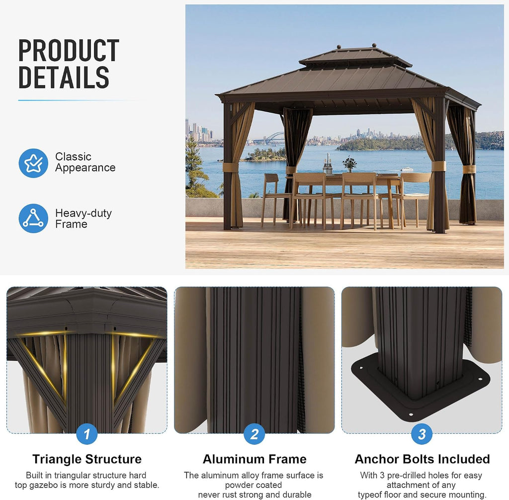 10' X 12' Hardtop Gazebo, Outdoor Galvanized Steel Double Roof Permanent Aluminum Frame Pavilion Pergola Canopy with Privacy Curtains for Garden, Patio, Backyard, Deck and Lawns