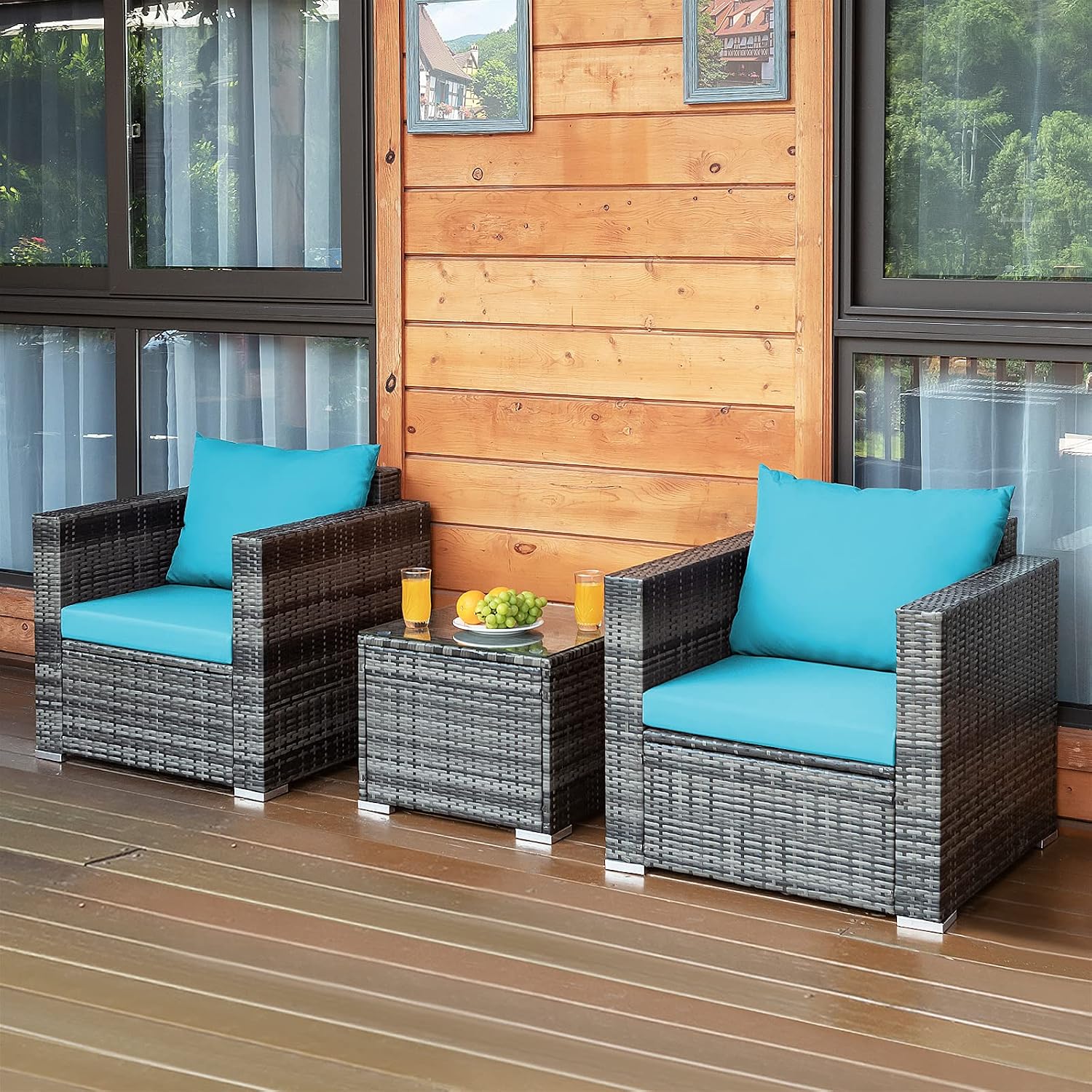 HAPPYGRILL 3 Piece Patio Conversation Set Outdoor Rattan Wicker Sofa Set with Coffee Table Patio Furniture Set with Soft Cushions for Balcony Porch Backyard Garden