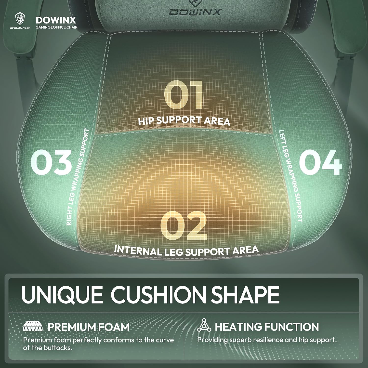 Dowinx Fabric Gaming Chair with Heated Massage Lumbar Support, Game Chairs for Adults, Big and Tall Gamer Chair with Pocket Spring Cushion, High Back PC Chairs with Footrest, Green