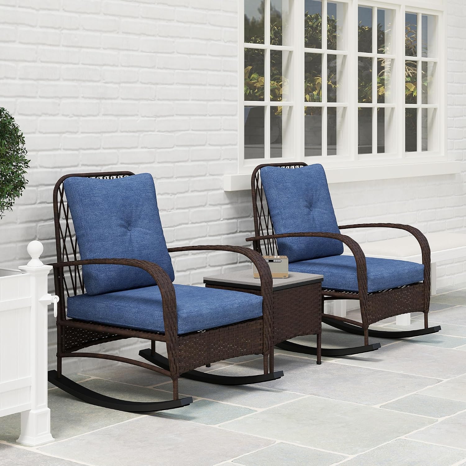 Outsunny 3 Piece Wicker Patio Furniture Set, PE Rattan Rocking Chairs with Coffee Table, Cushions, Outdoor Bistro Set for Porch, Garden, Poolside, Brown